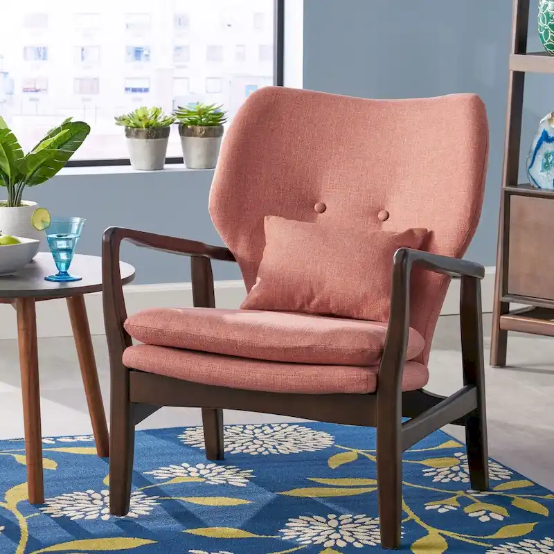 Mid-Century Modern Club Chair, Button-Tufted, Birch Legs – Slate / Brown / Mustard / Salmon, Single