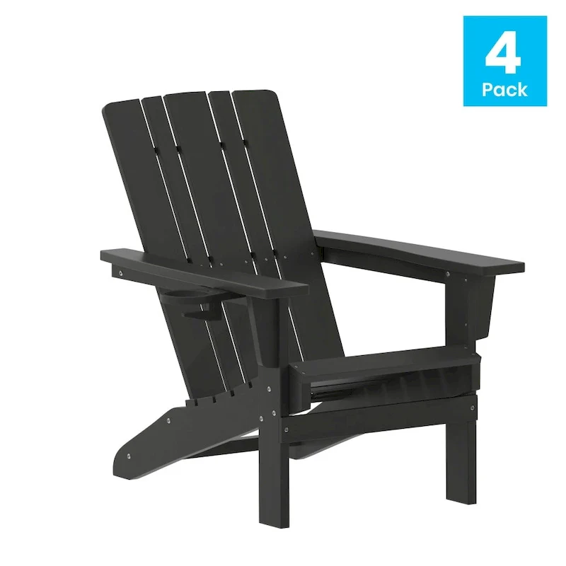 Set of 4 Commercial All-Weather Adirondack Chairs with Cupholders