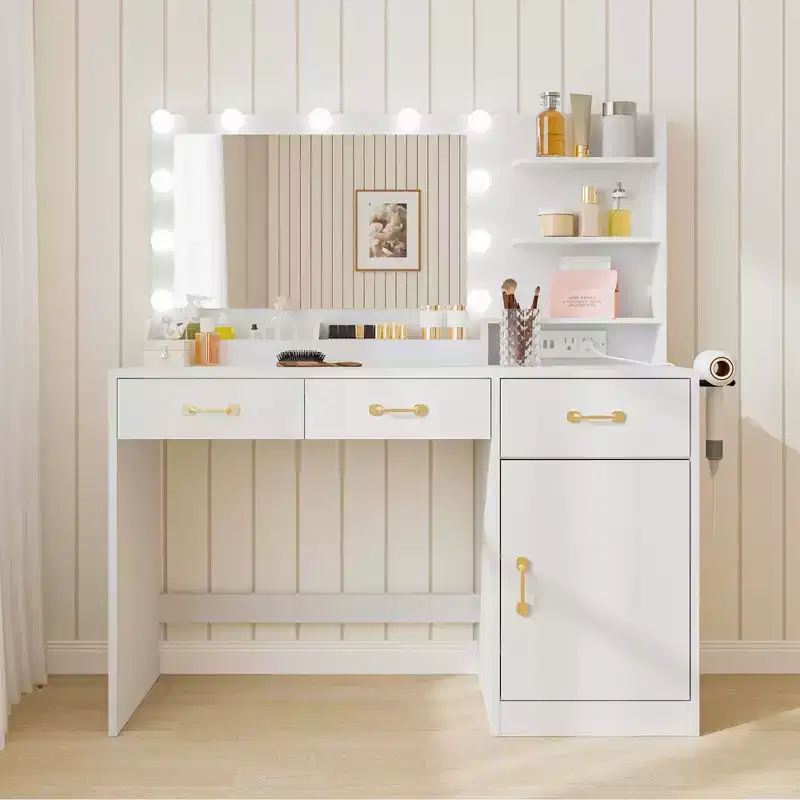 Makeup Vanity Desk with Mirror - 3 Drawers, 2 Cubbies, Cabinet, Open Shelves - Wooden Dressing Table for Bedroom or Dressing Room - White