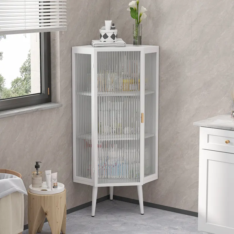 Floor Corner Cabinet, 3 Tiers with Tempered Glass Doors and Storage Shelves