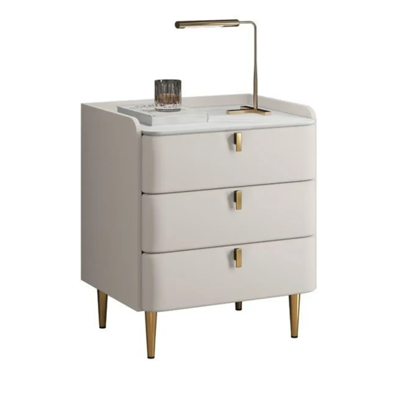 Modern Leather Stone Top Gold Accents 3-Drawer Nightstand