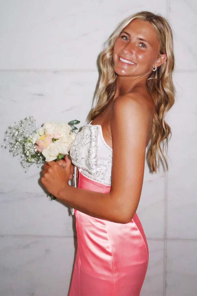 Pink Mermaid Satin Strapless Long Prom Dresses with Beaded Bow