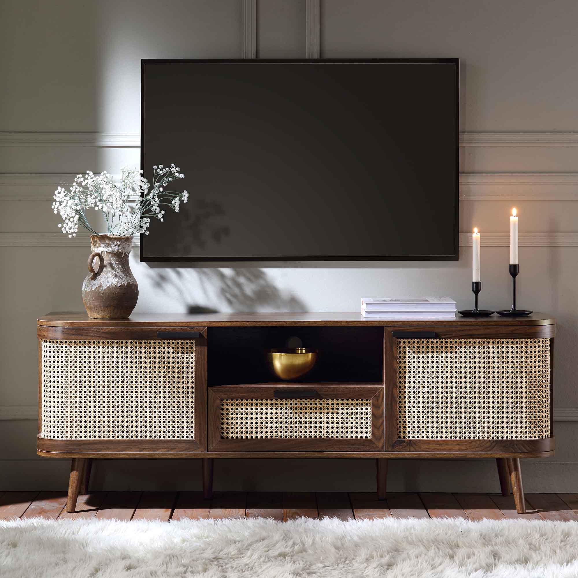 Curved Rattan 59 TV Unit, Walnut