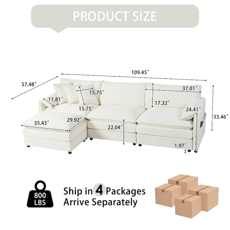 109.45 Chenille Upholstered L-Shaped Modular Sectional Sofa with Double-Layer Cushions, DIY Combination