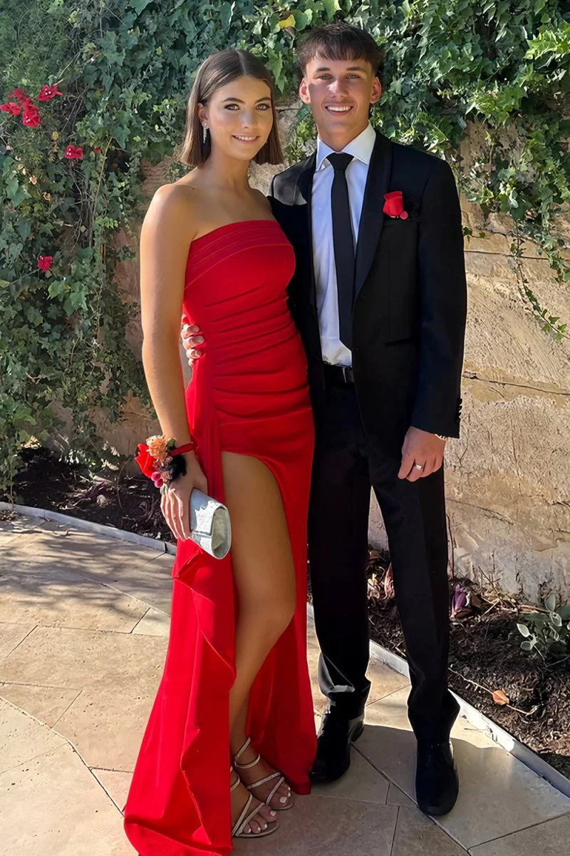 Red - Mermaid Strapless Satin Pleated Long Prom Dress with Slit