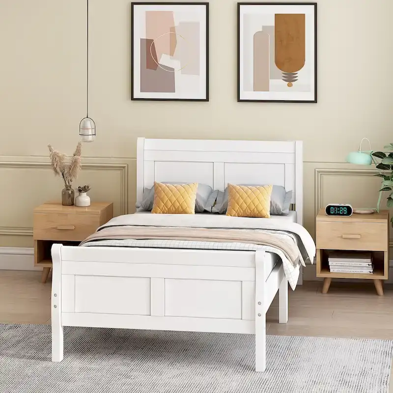 White / Oak / Espresso Twin Sleigh-Style Wood Platform Bed with Headboard & Footboard - Single Use