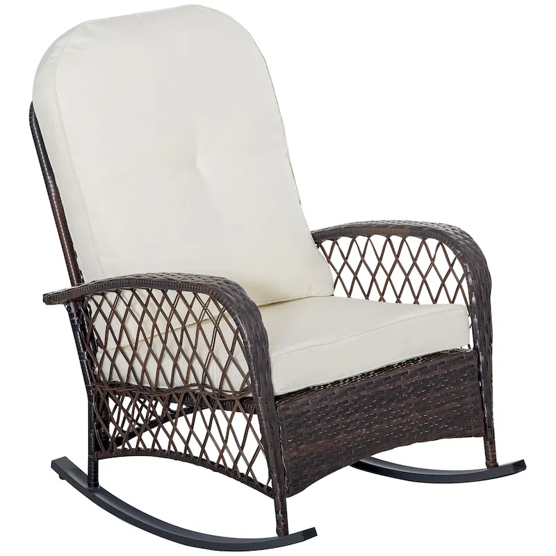 Outsunny Outdoor Wicker Rocking Chair with Cushion and Steel Frame, High Weight Capacity for Patio, Garden, Backyard