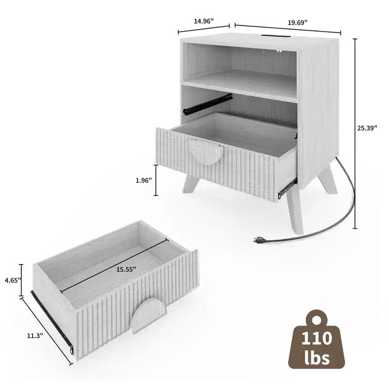 1/2 PCS Modern Nightstand, Fluted End Table with 2 Drawers & Open Shelf, Wooden Bedside Table, Sofa Side Table for Living Room Bedroom Sofa Couch
