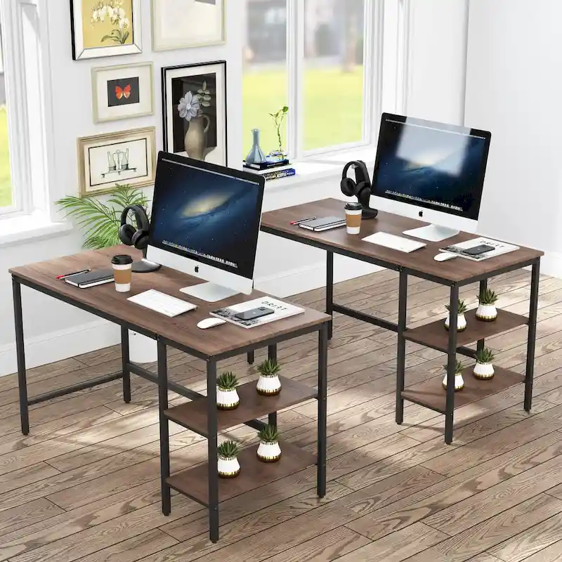 Brown & Black Industrial Computer Desk with 2-Tier Storage Shelves – Industrial Style, Home Office Use