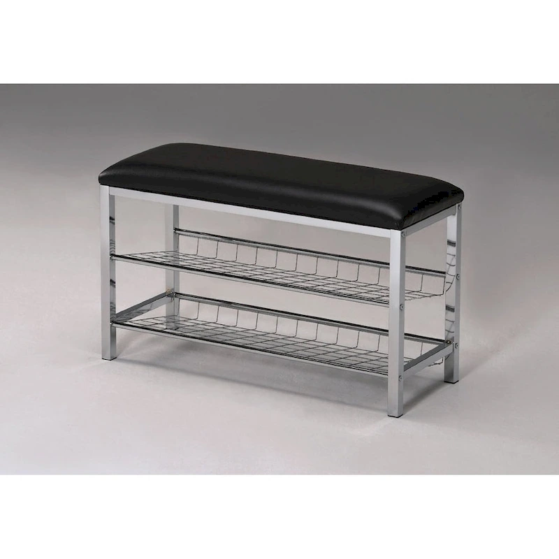 Roundhill Furniture Metal Shoe Bench with Faux Leather Seat, Chrome and Black