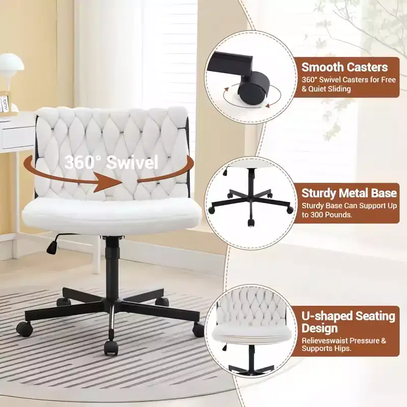 Criss Cross Legged Desk Chair with Wheels, Adjustable Swivel Vanity Chair with Woven Fabric for Home Office and Living Spaces