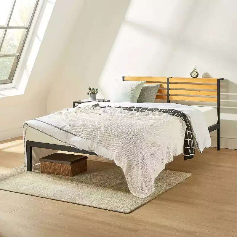 Best Price Mattress Kasi Metal Platform Bed with Panel Headboard Shelf Black