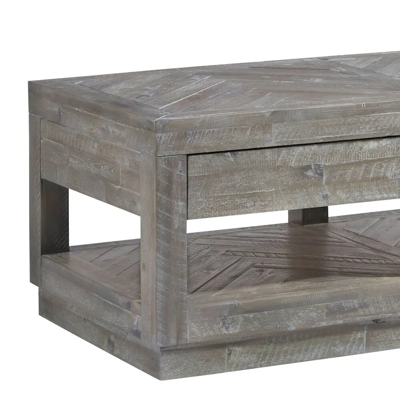Two Drawer and Bottom Shelf Coffee Table with Flattened Base, Rustic Latte Gray