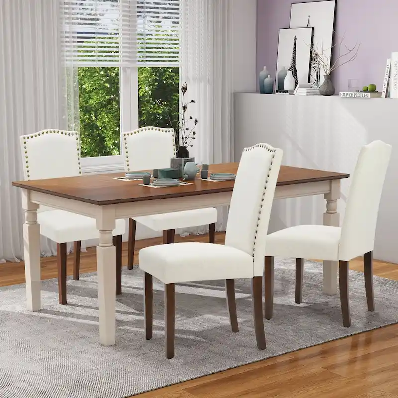 Dining Chairs Set of 2, Upholstered Dining Room Chairs Fabric Kitchen Chairs with Solid Wood Frame and Nailhead Trim
