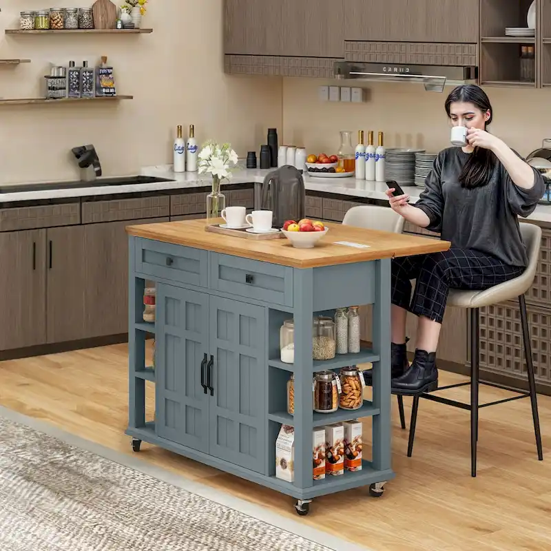 45   Rolling Kitchen Island with Storage & Drawers, Extendable Bar Table with Lockable Wheels