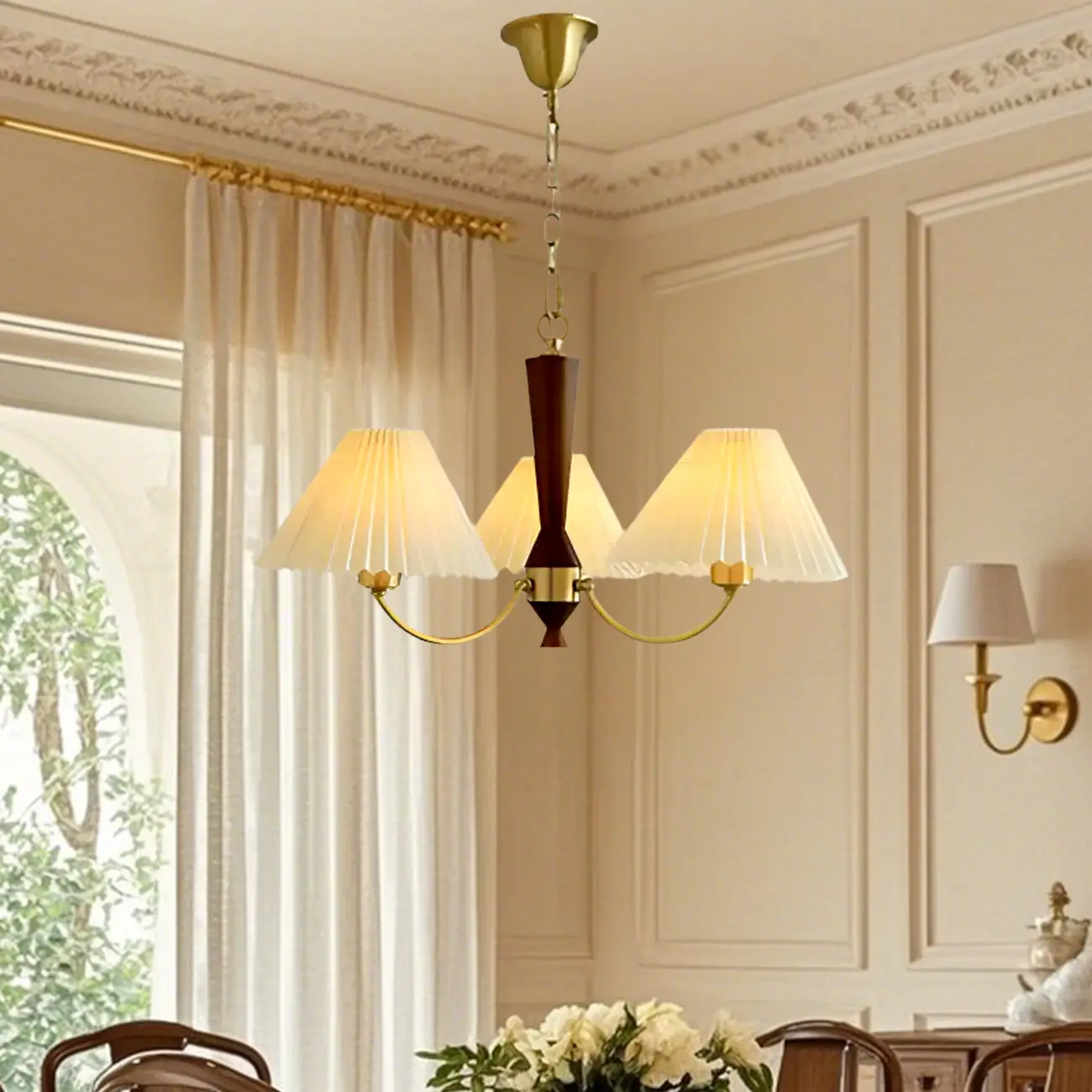 Vintage Brass Fabric Chandelier with Beige Pleated Shades