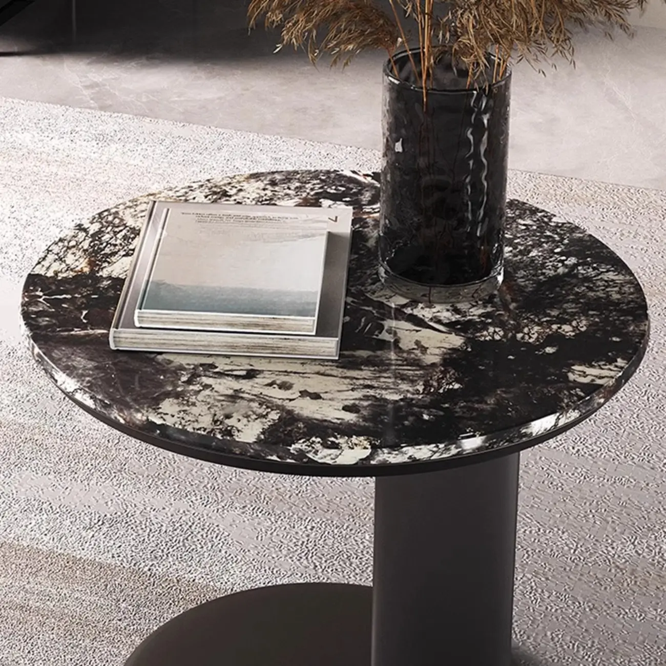 Modern Black Round C-shaped Side Table With Stone Top