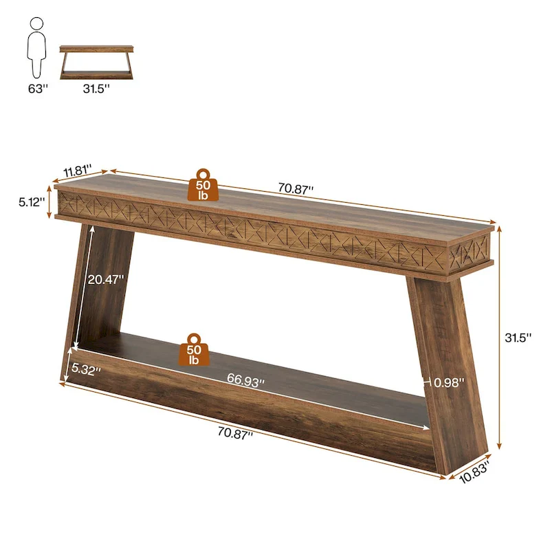 70.8-Inch Extra Long Console Table with Storage Shelf, 2-Tier Farmhouse Entryway Table - 70.87 L x 11.81 W x 31.5 H