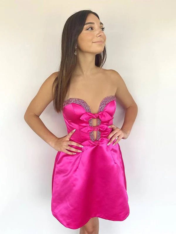 Fuchsia - Strapless A-Line Beaded Satin Homecoming Dress With Bow
