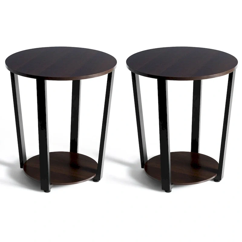 Set of 2 Industrial End Tables with 2-Tier Storage - Round Side Tables 19.5