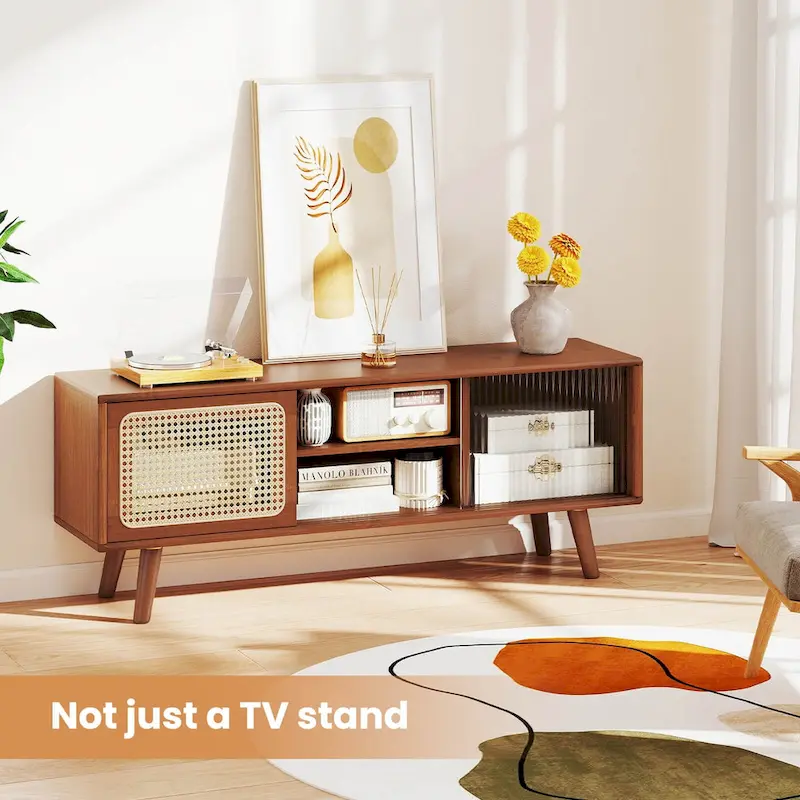 Mid-Century TV Stand with Rattan Sliding Doors, Brown/Natural, 47.5