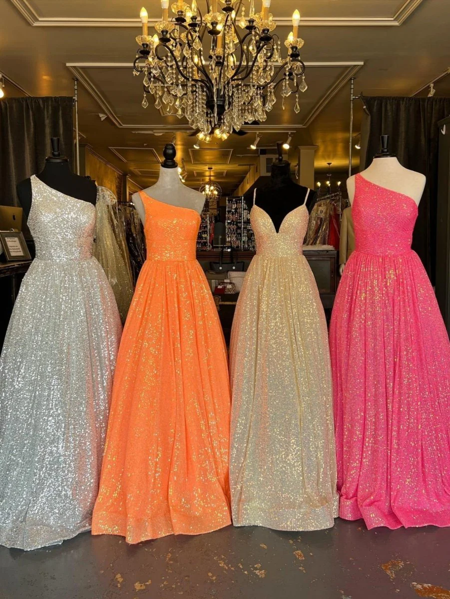 A-Line One Shoulder Sequins Prom Dress with Pockets