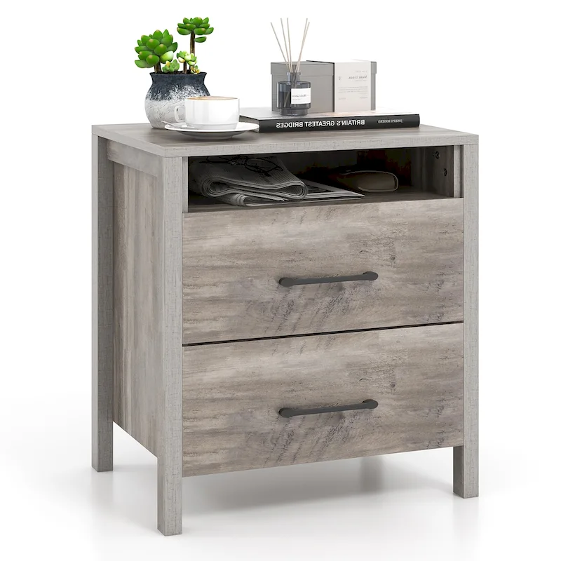 Nightstand w/ 2 Drawers Farmhouse Bed Side Table w/ Open Storage