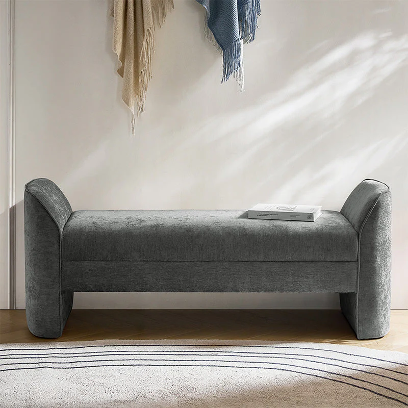 57 in Modern Chenille Upholstered Storage Bench with Piped Edges, Armrests & Foam Cushion | Grey / Beige / Sage / Black | Single