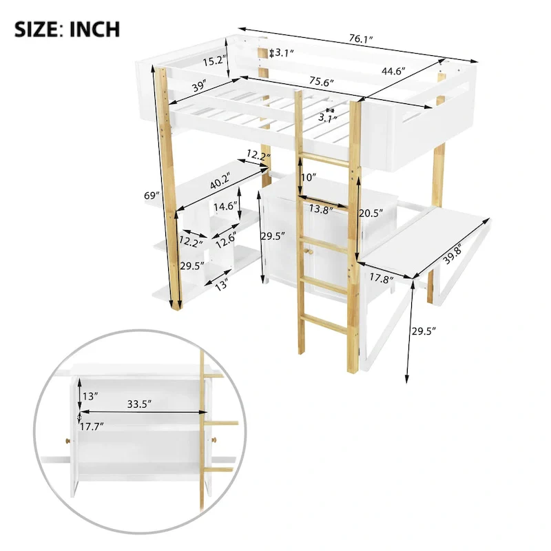 White Twin Solid Wood Loft Bed with Built-in Storage Cabinet & Foldable Desk