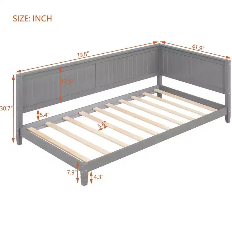 Bellemave Twin Size Daybed Frame with Backrest, Wood Twin Size Kids Bed with Slat Support for Kids,Teens,Daybed for Living Room, Bedroom,Gray