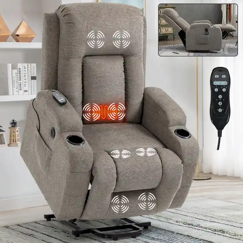 Lazy Boy Power Lift Recliner Chair, Modern Single Motor Massage Sofa Chair with Lumbar Heating, USB Charging Port, Cup Holders