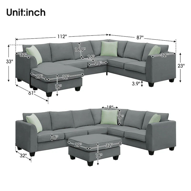 112*87  Sectional Sofa Couches Living Room Sets 7 Seats Modular Sectional Sofa with 3 Pillows, Grey