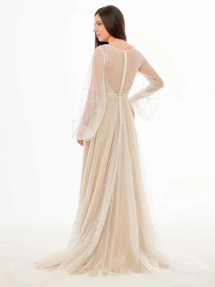 Simple Modest A-Line Long Sleeve Tulle Elopement Illusion Wedding Dress with Pearl