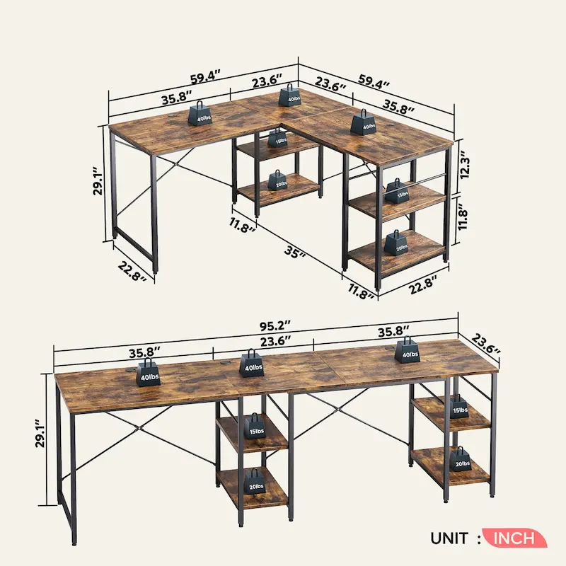 95.2 Inch L Shaped Desk with Shelves Home Office Computer Desk