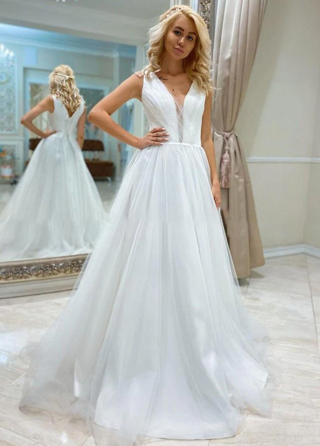 A Line Bohemian Long Tulle Simple Wedding Dress V Neck