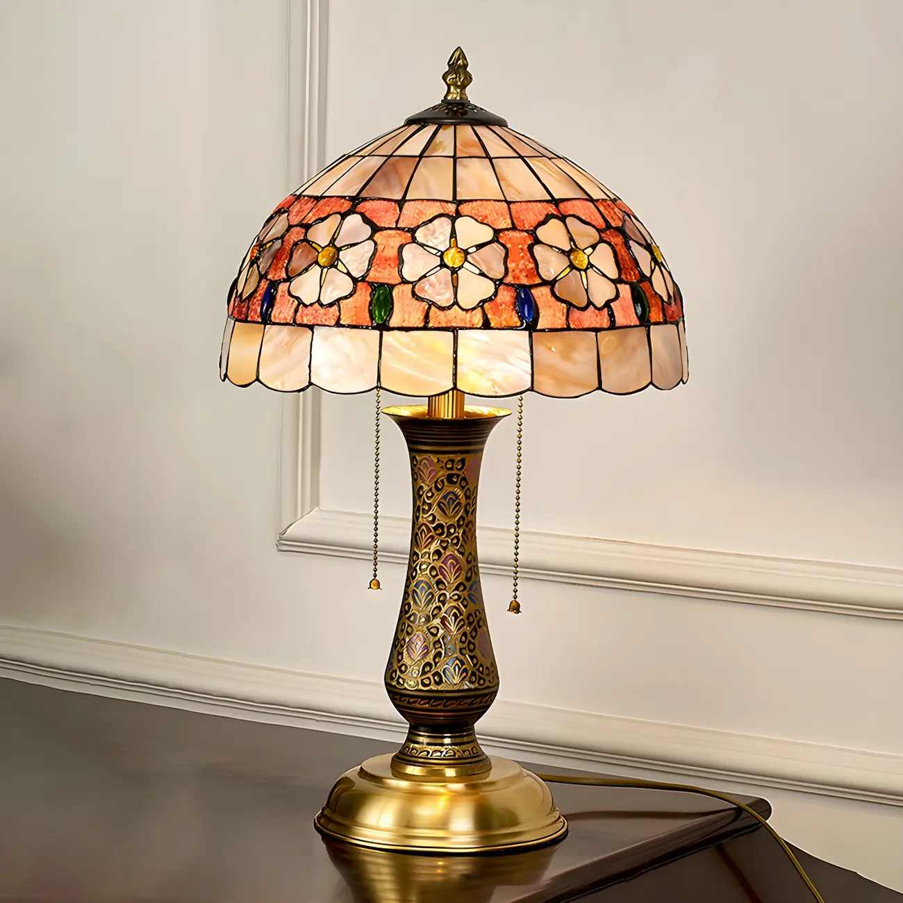 Antique Brass 2-Light Stained Glass Dome-Shape Table Lamp