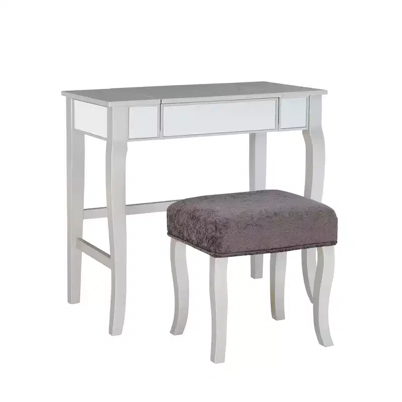 Silver Mirrored Flip-up Vanity Table & Gray Stool Set, 1-Person