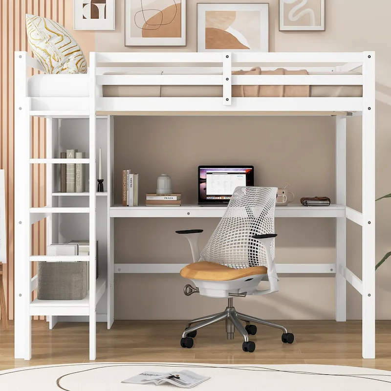 Full Size Loft Bed with Storage Shelves and Desk, Multi-functional Kids Bed Frame with Open Bookcase