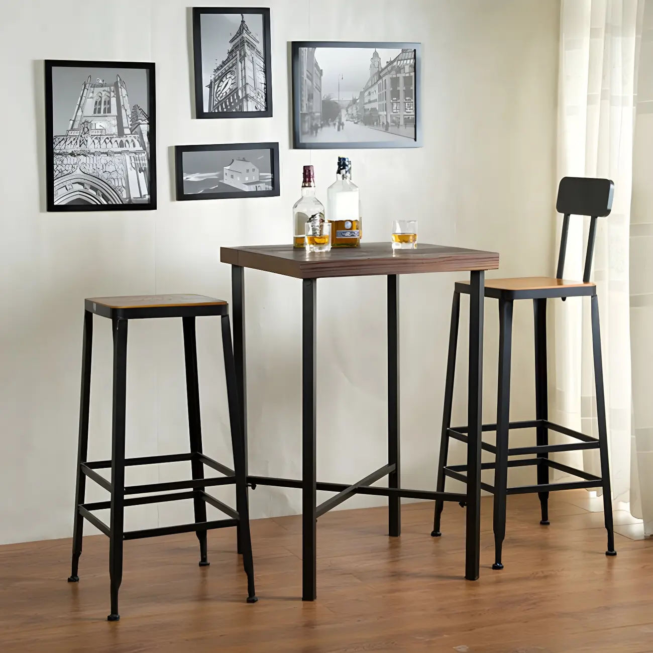 Industrial Square Bar Tables Brown Pine Wood Metal Trestle