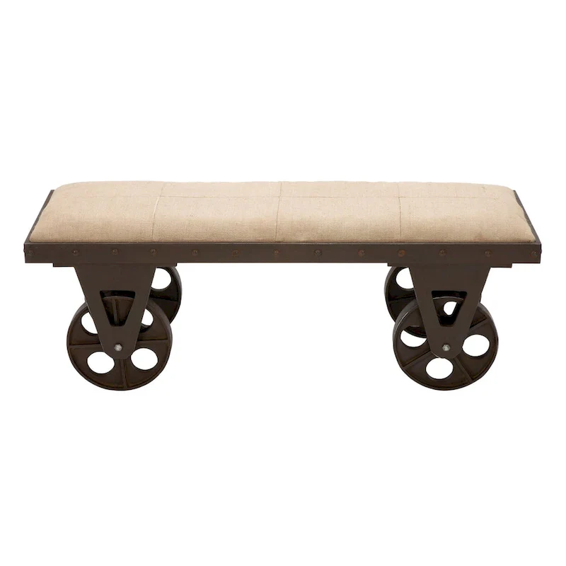 Linen Fabric Vintage Industrial Inspired Home Bench with Wheels and Linen Upholstered Seat - Brown - Roche River Decor