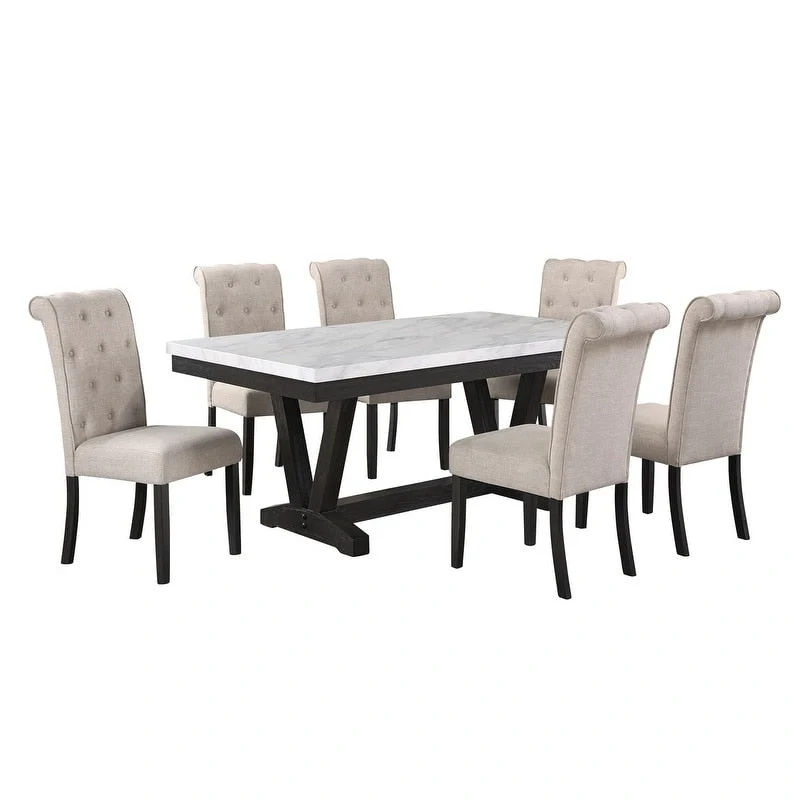 Grey Faux Marble Dining Set - 7 Piece Table and Chairs