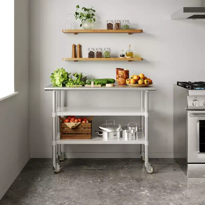Flash Furniture Rawcliffe NSF Certified Stainless Steel Prep and Work Table 24x 48 with 2 Galvanized Steel Undershelves and 4 Casters with 2 Locking