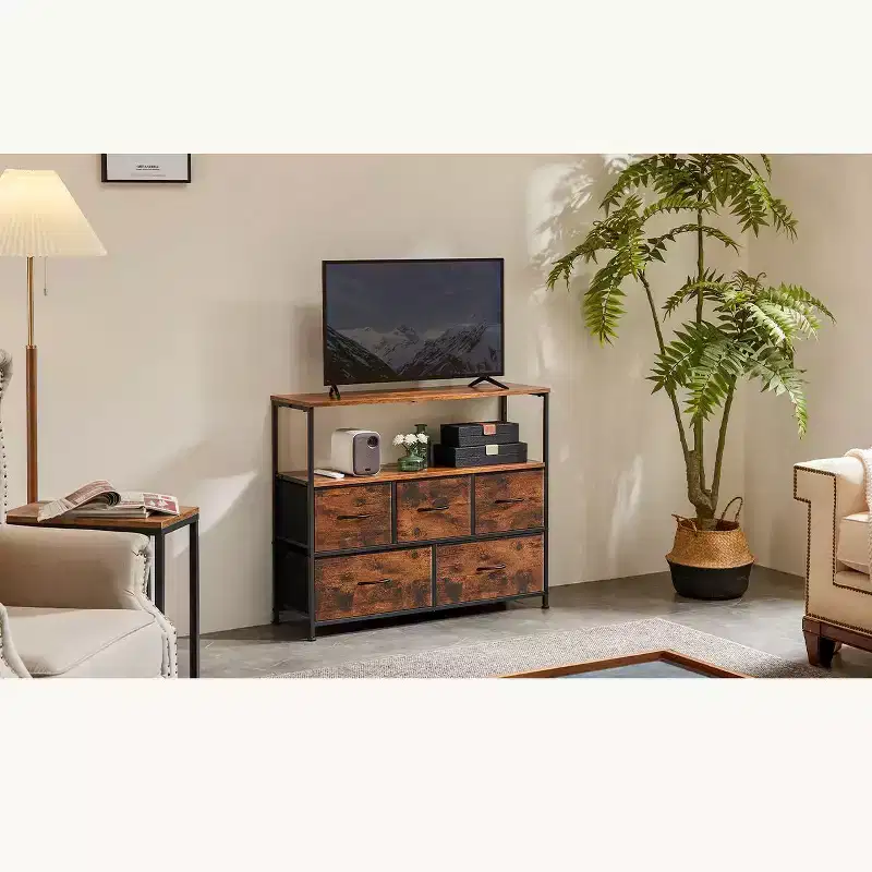 JIONJOY 5-Drawer Dresser TV Stands up to 45 inch Entertainment Center with Fabric Drawers | Rust