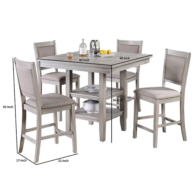 5 Piece Counter Height Dining Set, Table and 4 Chairs, Padded Seats, Gray