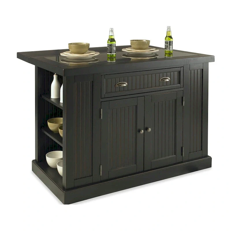 Nantucket Black Wood and Granite Inlay Kitchen Island