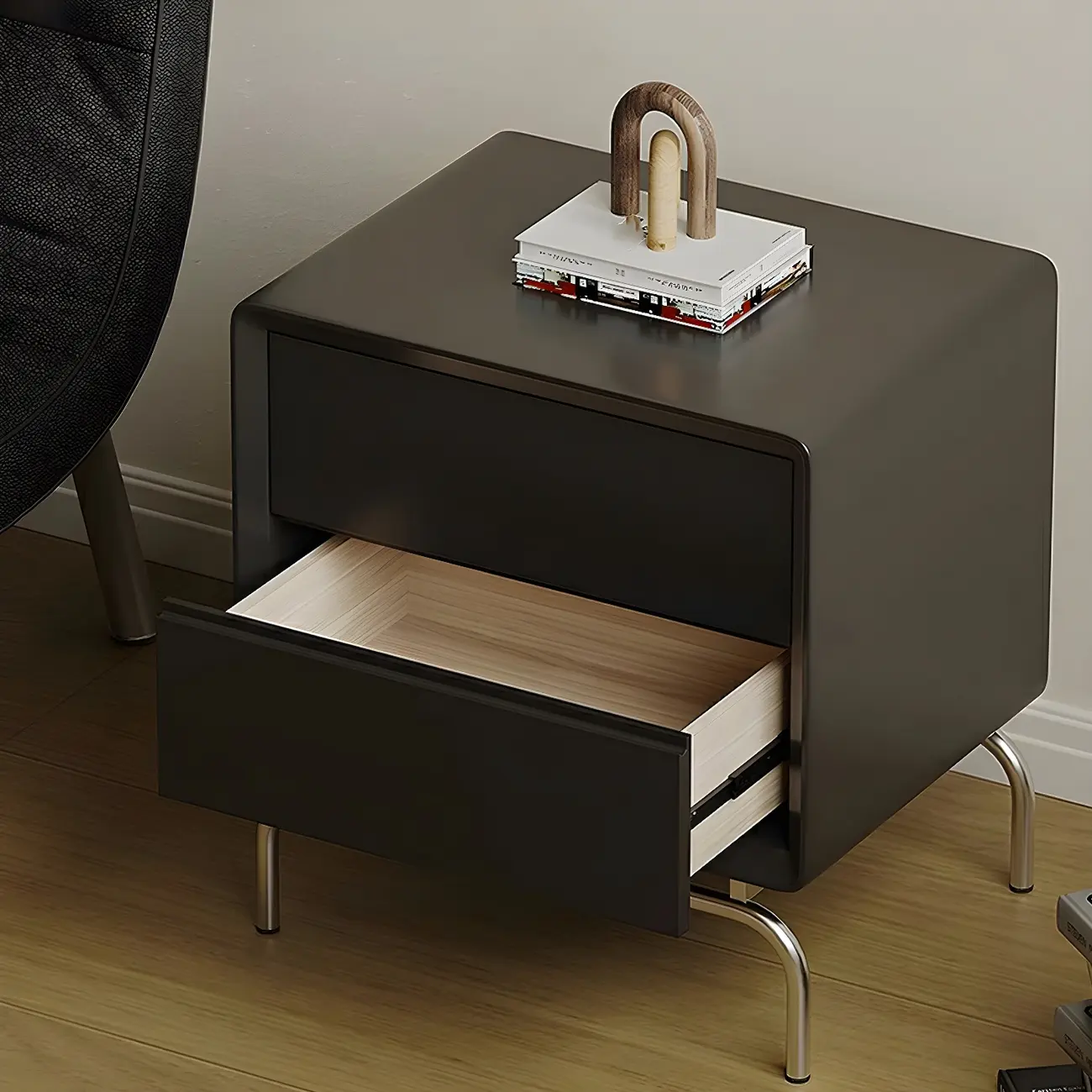 Classic Black Wood 2 Drawers Nightstand with Silver Metal Base