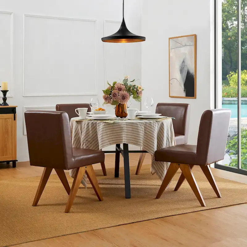 Glitzhome Set of 4 Faux Leather Upholstered Side Dining Chairs with V-shaped Wood Legs