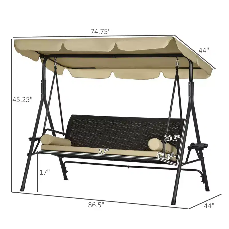 3-Seat Patio Swing Chair with Adjustable Canopy, Rattan Seat, Removable Cushions and Pillows