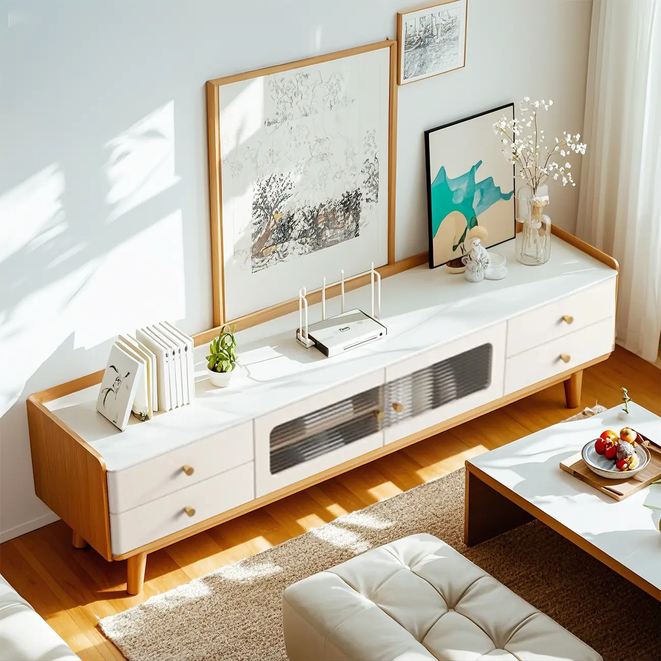 63 Contemporary White Wood Cabinet TV Stand with Glass Doors