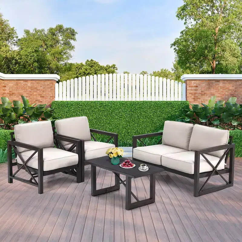 Costway 2PCS Patio Loveseat Coffee Table Set 6'' Thick Cushion Garden Beige